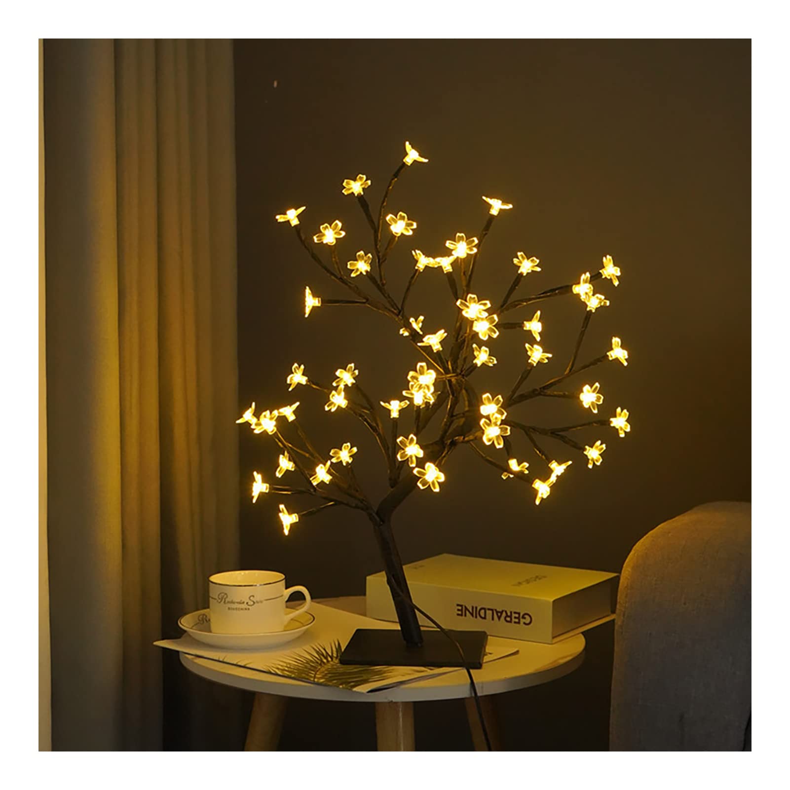 HELEVIA LED Tabletop Bonsai Tree Lamp USB Tree Lamp Christmas Bedroom Decoration Table Night Light, for Christmas New Year Party Ornament (Black 48 Lights Sakuras)