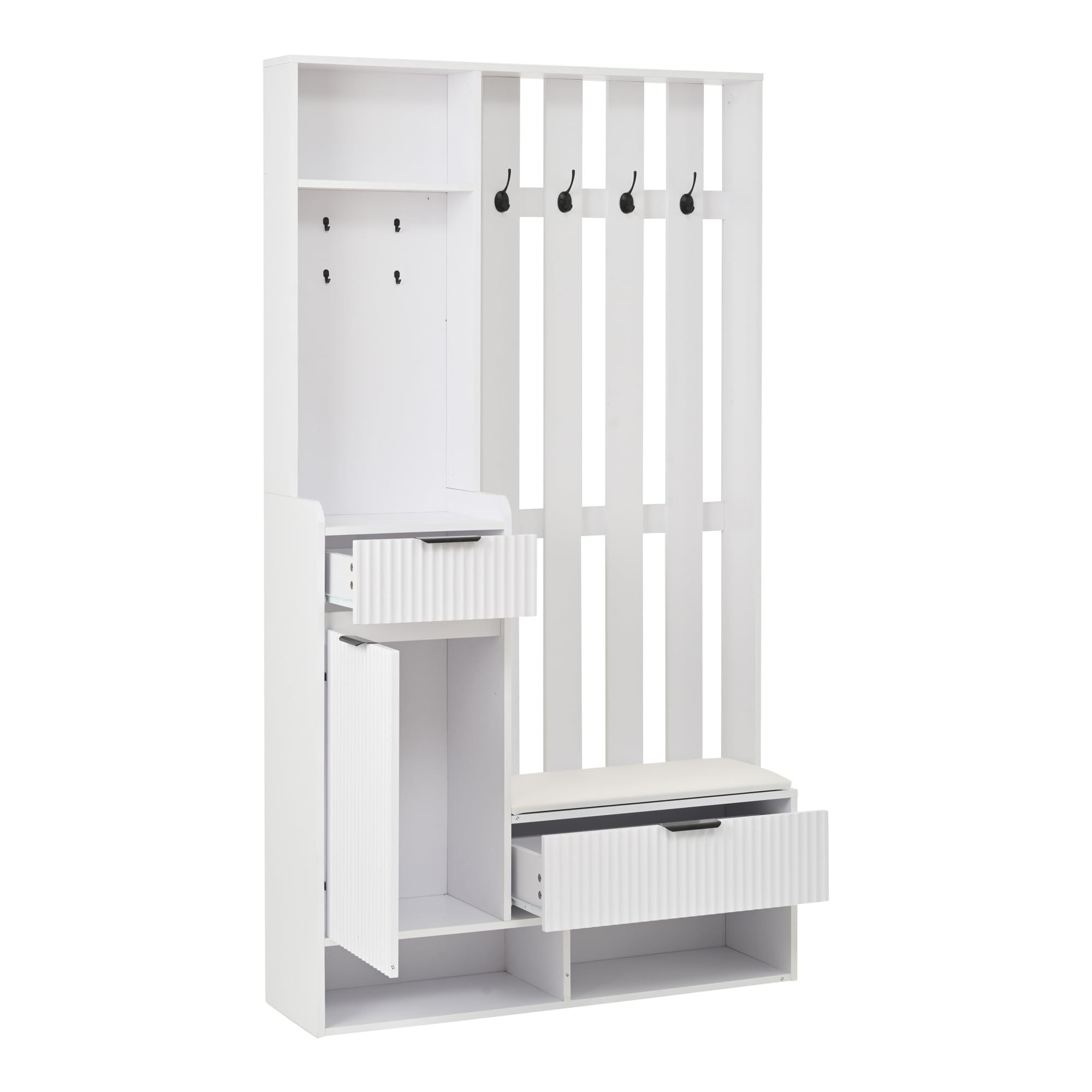 100 x 30 x 180 cm, 6 in 1, con 8 ganci, protezione antiribaltamento, appendiabiti compatto con cassetti e armadi, larghezza 100 cm, colore: bianco