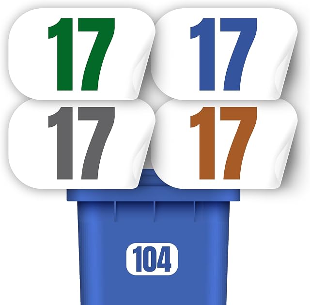 4 x Personalised Bin Numbers For Wheelie Bins with your House Number | Pack of 4 Colours | Choice of 3 Sizes from 16cm x 12cm | Waterproof | Bin Number Stickers
