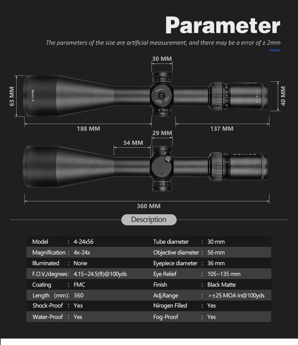 SPINA OPTICS 4-24X56 SF Mire ottiche da caccia Reticolo in vetro con torrette laterali di parallasse Ripristino Tubo da 30 mm Riflescope