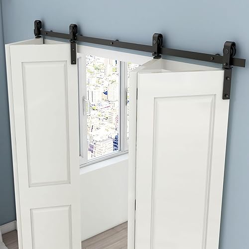 Kit de riel deslizante para puerta de granero biplegable de 6 pies72 pulgadas, resistente para 4 puertas (sin puerta de madera, solo hardware)