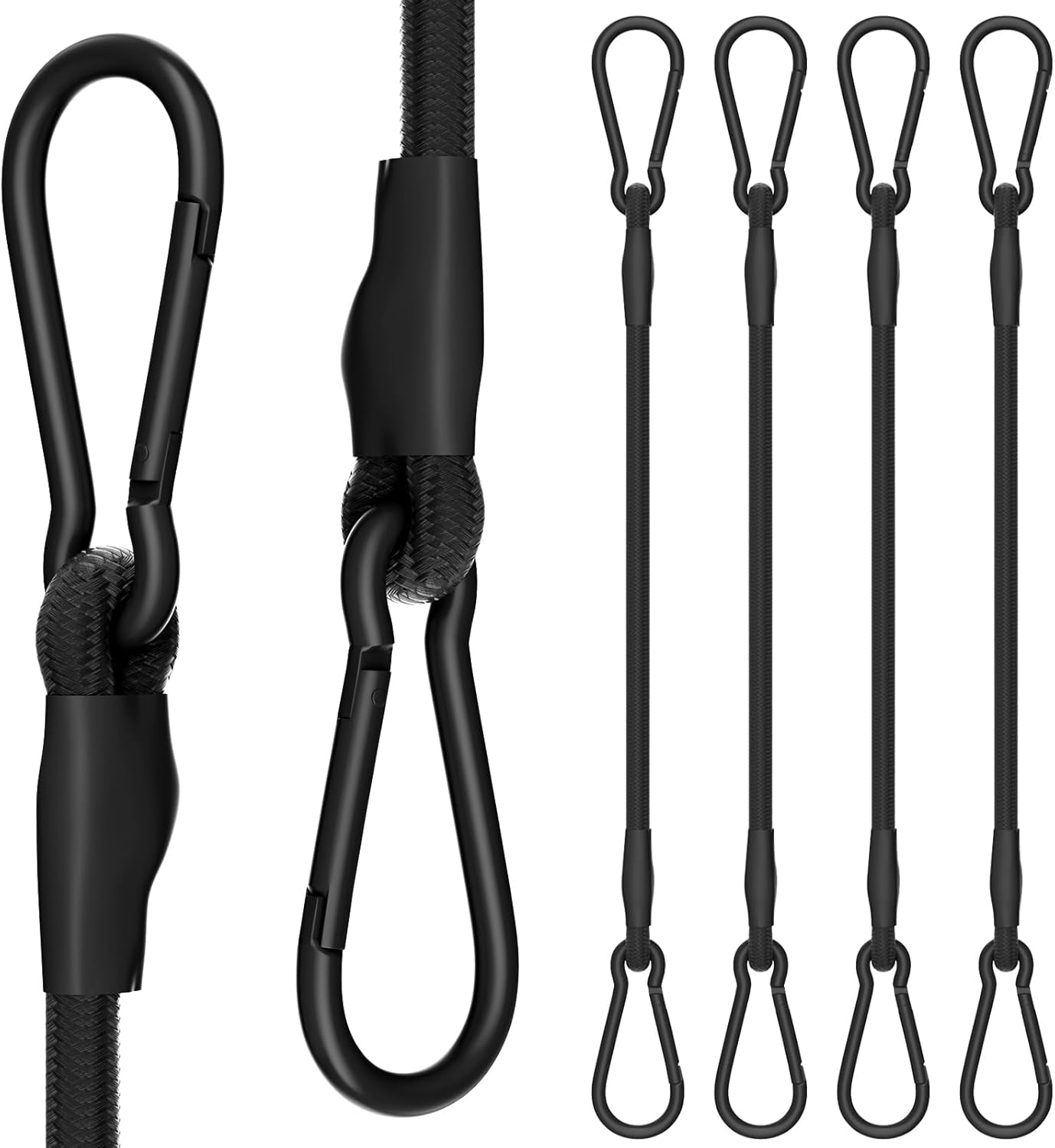 4 Pack 60 Inch Bungee Cords with Premium Zinc Carabiner Hooks – 3/8 Inch Black Elastic Tie Downs for Large Cargo, Camping, and Outdoor Equipment