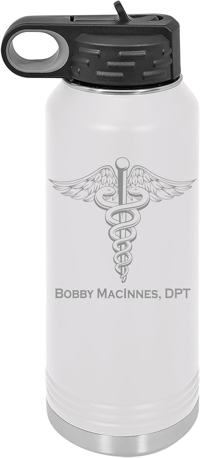 Personalized CADUCEUS Bottle, Medical, Doctor, First Responder, Medic, Nurse Gift - Laser Engraved 32 oz. Polar Camel Suregrip Stainless Steel Bottle, Drinkware, 13 Colors (White)