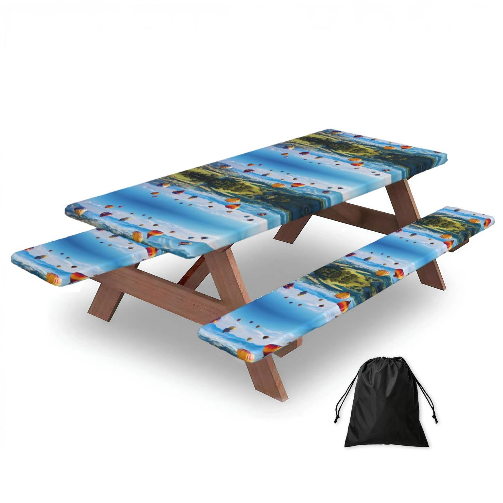 EZDLOWVBA Hot Air Balloons Print Picnic Table Cover With Bench Covers Waterproof Fitted Picnic Table Outdoor Elastic Picnic Tablecloth Outdoor Camping Essentials(3pcs)