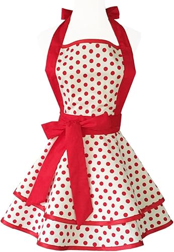 Hyzrz Delantales retro de algodón hechos a mano para mujeres y niñas, delantal de cocina para tartas, cocina, regalo de madre (lunares rojos)