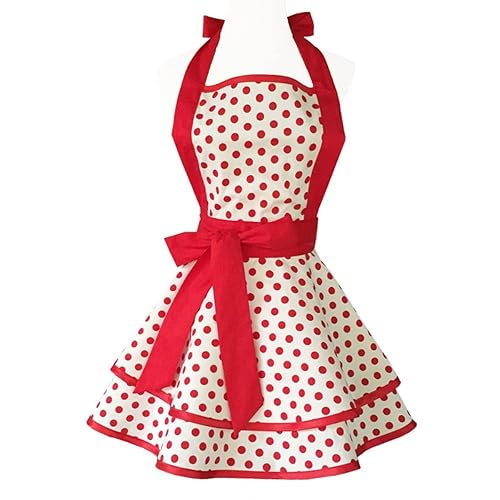 Hyzrz Lovely Handmade Cotton Retro Aprons for Women Girls Cake Kitchen Cook Apron for Mother's Gift (Red Dot) - Red Dot