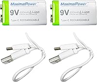 Vista 1 de MaximalPower Batería recargable de iones de litio de 9 V de 650 mAh con cable de carga USB tipo C para detectores de humo, alarma digital, pedales