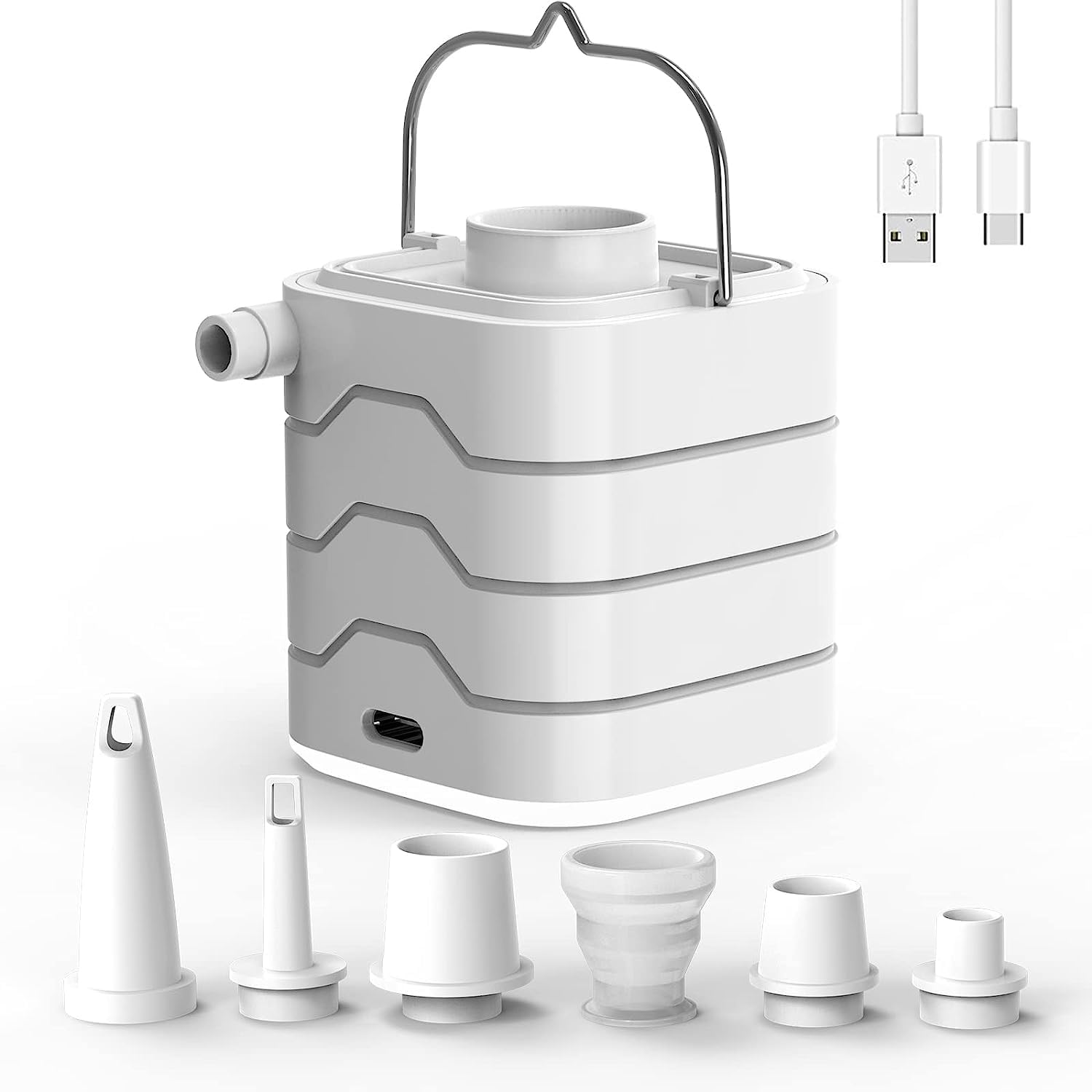 Excefore Air Pump for Inflatables, Electric Air Pump with Camping Light, USB Rechargeable Ultra-Mini Inflator/Deflator Pump with 5 Nozzles for Air Mattress Beds, Swimming Ring, Pool Floats/Toys(White)