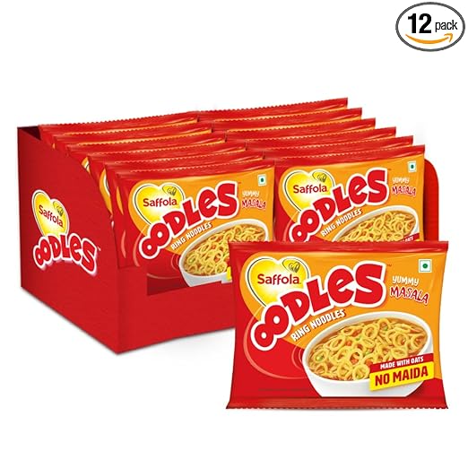 Saffola Oodles, No Maida Oats Noodles, Instant Noodles Packets, Healthy Noodles Masala, Ring Noodles 12 x 53g Pouch (12 Serves)