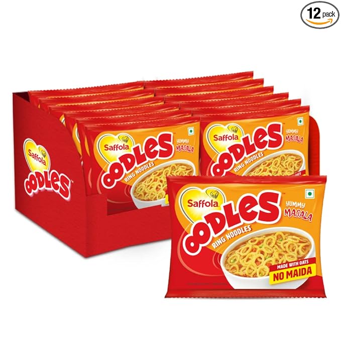 Saffola Oodles, No Maida Oats Noodles, Instant Noodles Packets, Healthy Noodles Masala, Ring Noodles 12 x 53g Pouch (12 Serves) at Rs. 166