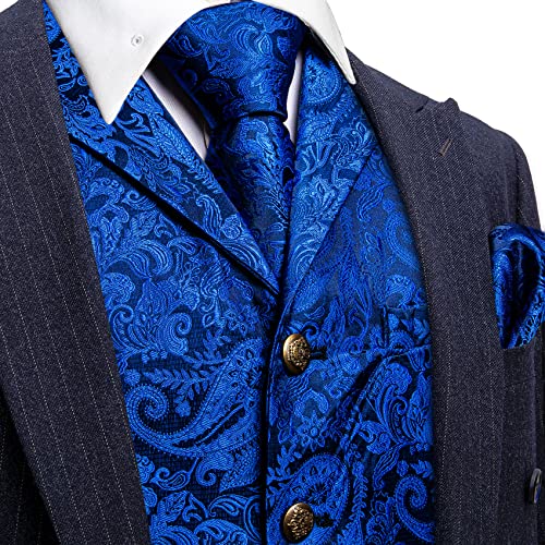 Image of Barry.Wang Men Blue Black Paisley Tailored Collar Suit Vest Silk Jacquard Waistcoat Tie Clip Set for Tuxedo