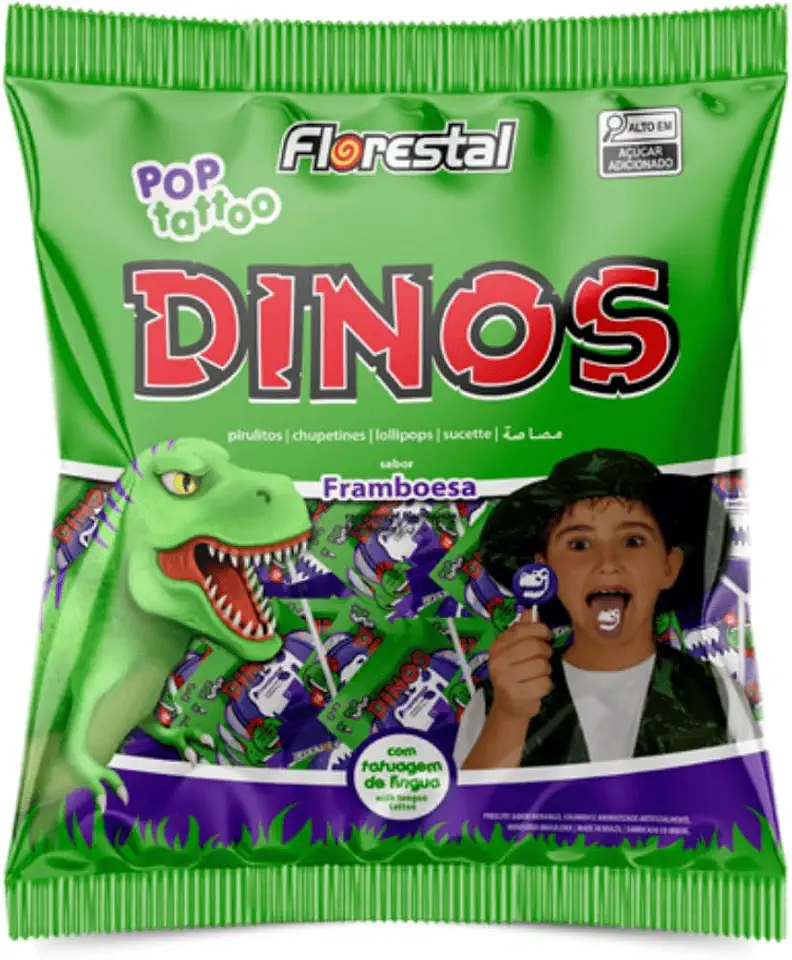 Pirulito Pop Tattoo Dinos Framboesa Florestal 400G, Pirulito Sabor Framboesa Que Tatua Língua, Verde, Diversão Interativa Com Efeito Temporário, Sabor Divertido Ideal Para Festas E Halloween