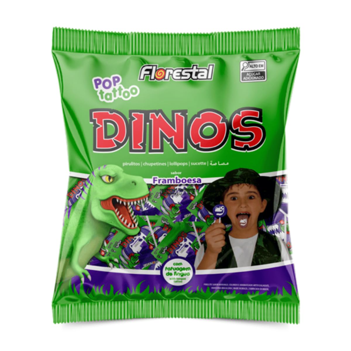 Pirulito de Framboesa Florestal Pop Tattoo Dinos, Verde, 400g