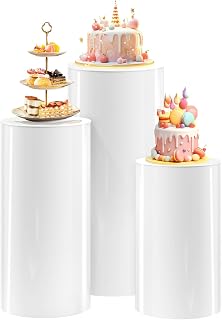 SaitiMade Set of 3 - White Cylinder Stands, Round PVC Pedestal Stands