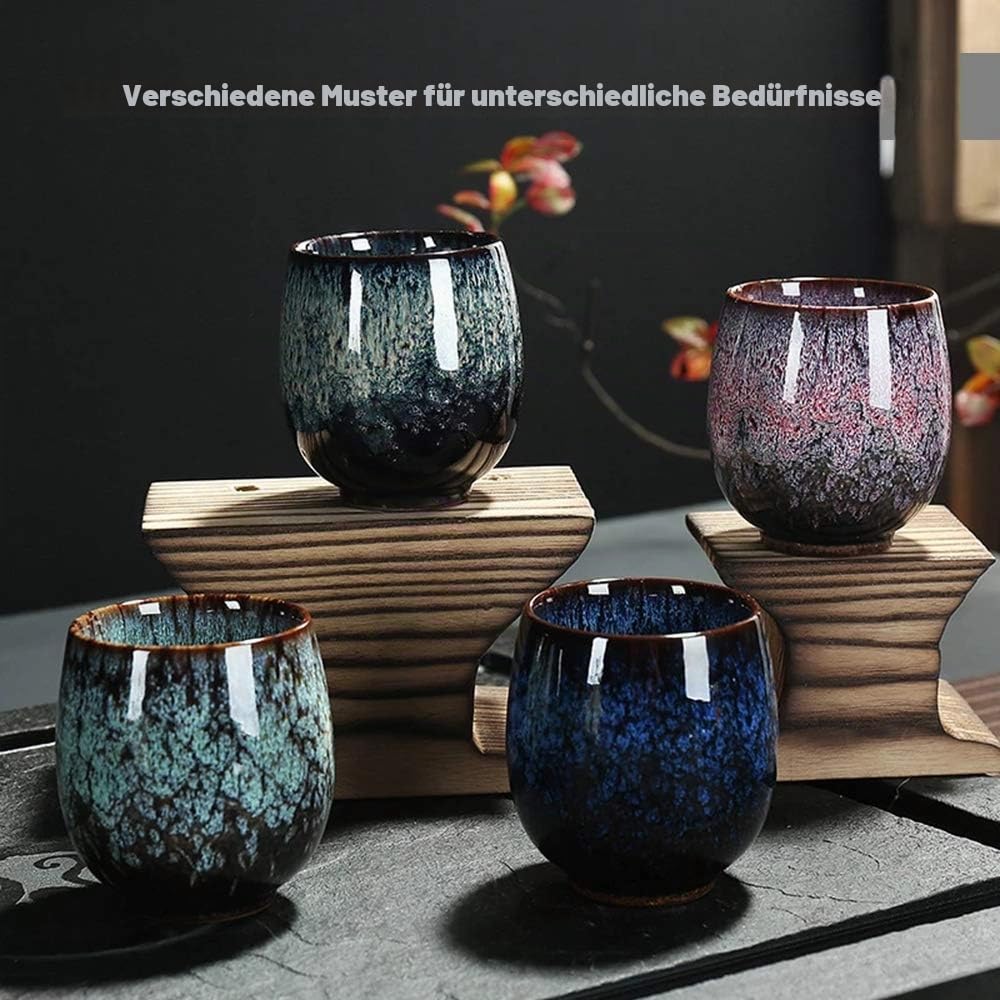 Japanische Teetasse, Set aus Teetassen aus Keramik, Set mit 4 Tassen, handgefertigt, mehrfarbig, emailliert, geflammt, für Zuhause, Büro, Geschenke