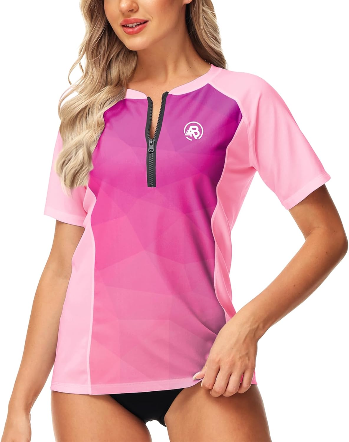 AOBUTE Women Zip Rash Guard UPF 50+ Gradient Short Sleeve Swim Top Surf Shirts - Image 5