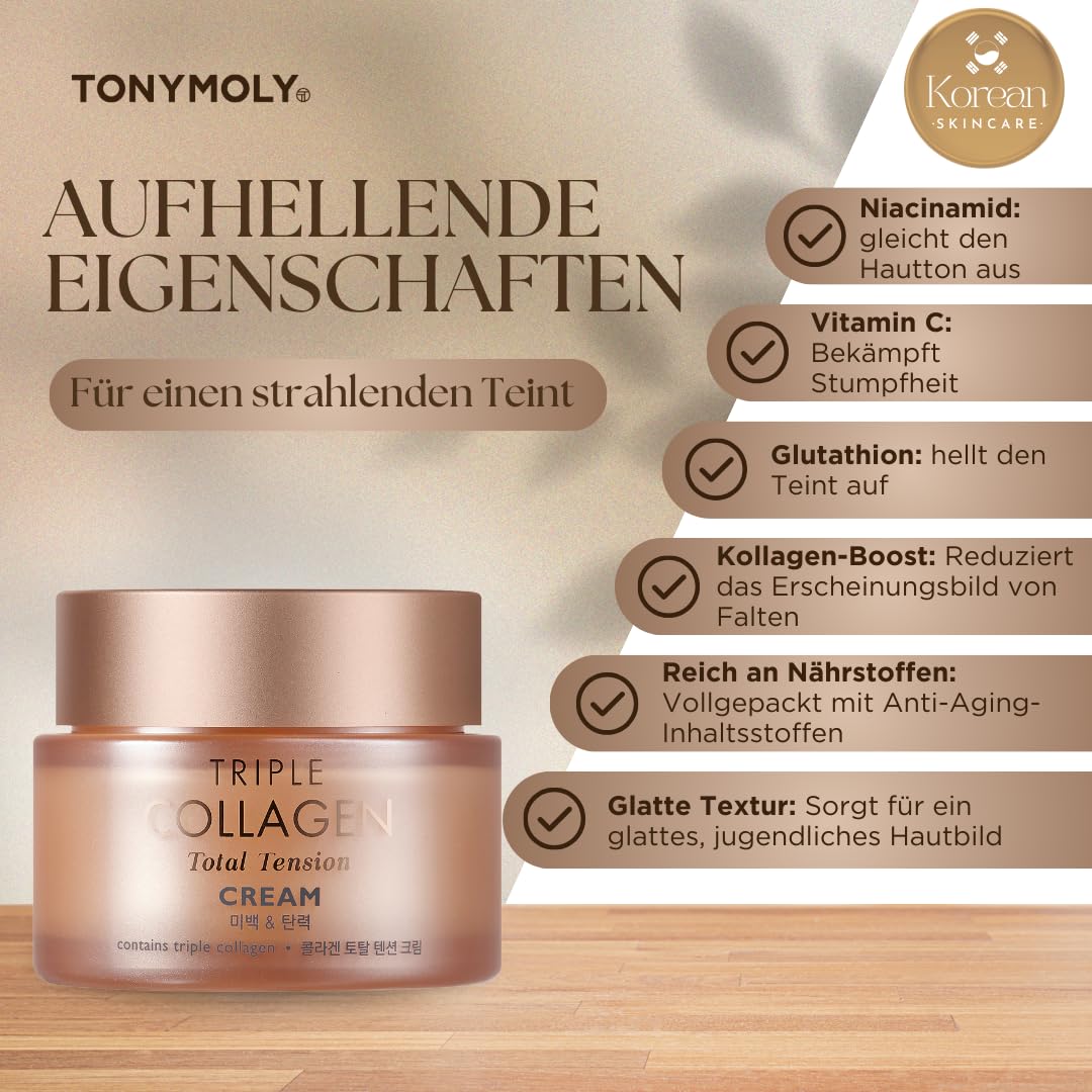 TONYMOLY Triple Collagen Total Tension Cream - Crème raffermissante de la peau, anti-rides, éclaircissante au collagène pour le visage avec niacinamide, Vit C - Soin du visage coréen pour tous les
