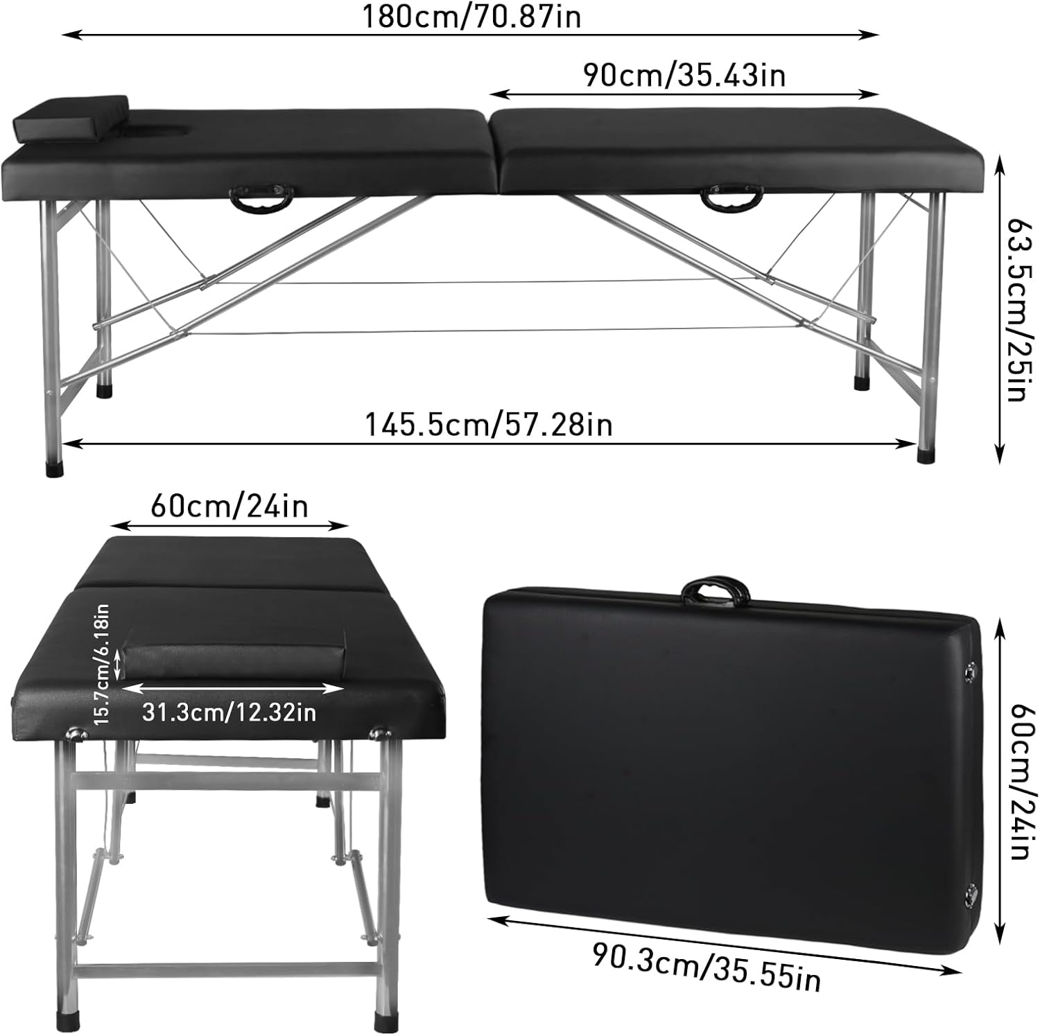 Portable Folding Massage Table – 2-Section Lightweight Salon & Spa Bed for Tattoo, Facials, Massage Therapy – Foldable Beauty Table for Home & Professional Use (Black)