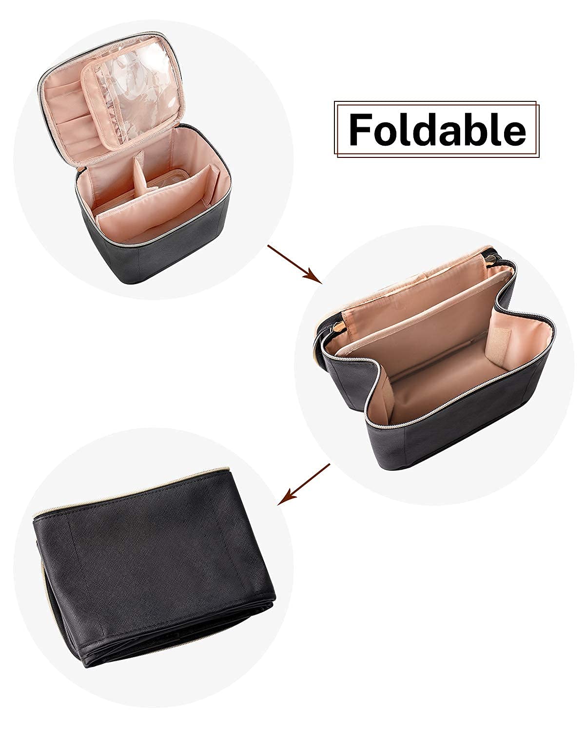 Travel Makeup Bag, Cosmetic Bags for Women Makeup Case Organizer Large Capacity Travel Toiletry Bag Foldable Vertically Storage with Divider and Handle for Cosmetics Toiletries Brushes Tools -Black : Beauty & Personal Care