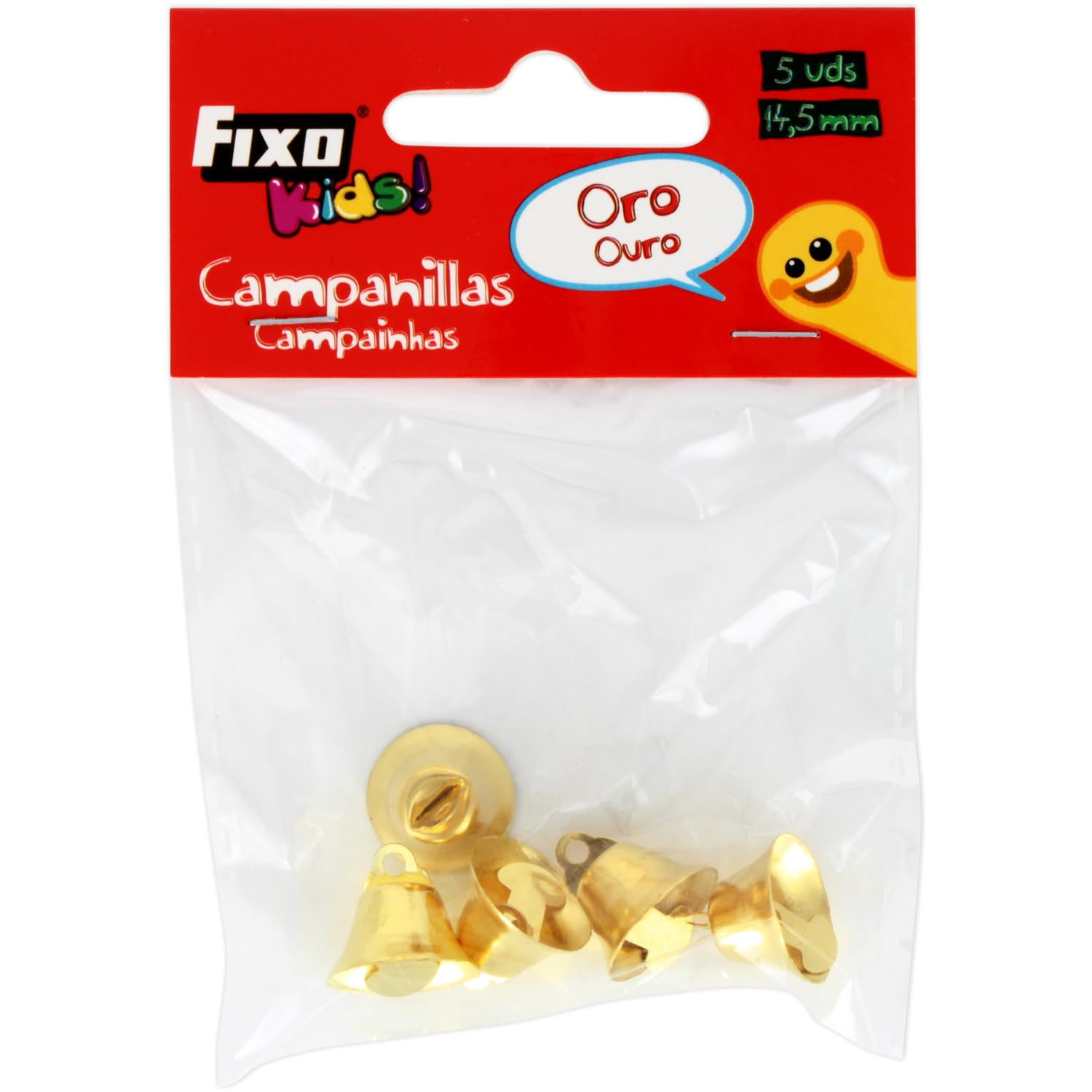 Fixo Kids - Bolsa 5 Campanillas Metal Dorado 14,5mm ø, Manualidades Escolares y Decoraciones Infantiles, Navidad, Celebraciones y Fiestas