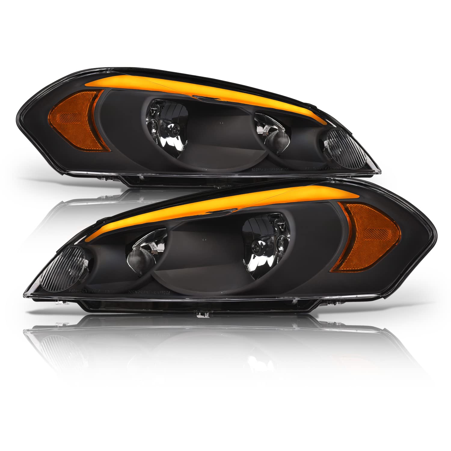 Alpha Owls 8712047 Crystal Headlights With Sequential LED Light Bar & Startup Light - Black Amber Fits 2006-2013 Chevy Impala 2014-2016 Limited / 2006-2007 Monte Carlo