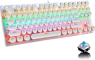 Mechanical Gaming Keyboard,87 Key Retro Punk Typewriter-Style,Blue Switch Rainbow Backlit Keyboard,Anti-Ghosting, USB Wired, for PC Laptop Desktop Computer, for Game and Office(White)