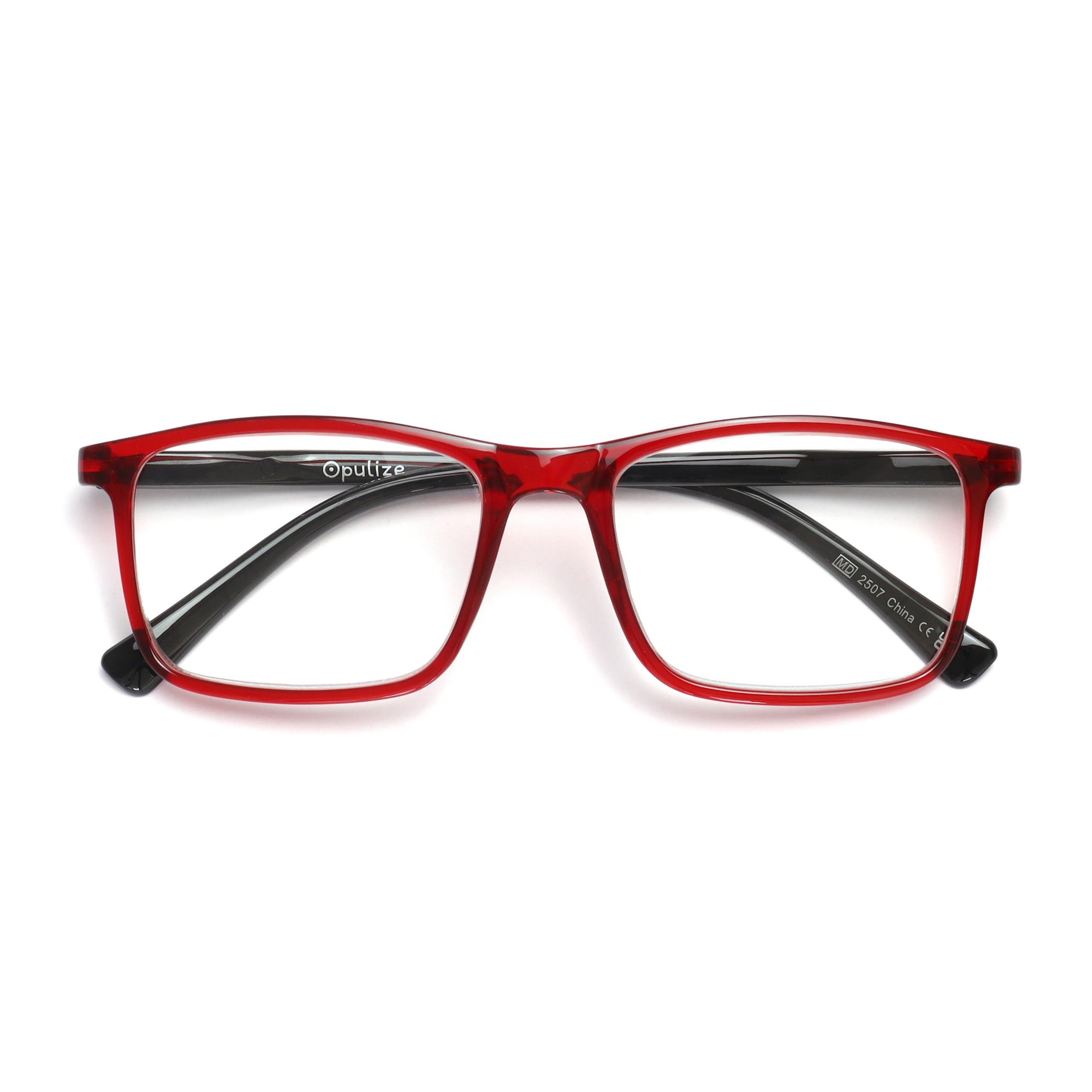 OPULIZE INK Reading Glasses - Large Rectangular Frame - Spring Hinges - Scratch Resistant - Dark Red Black Arm - Mens Womens +2.50