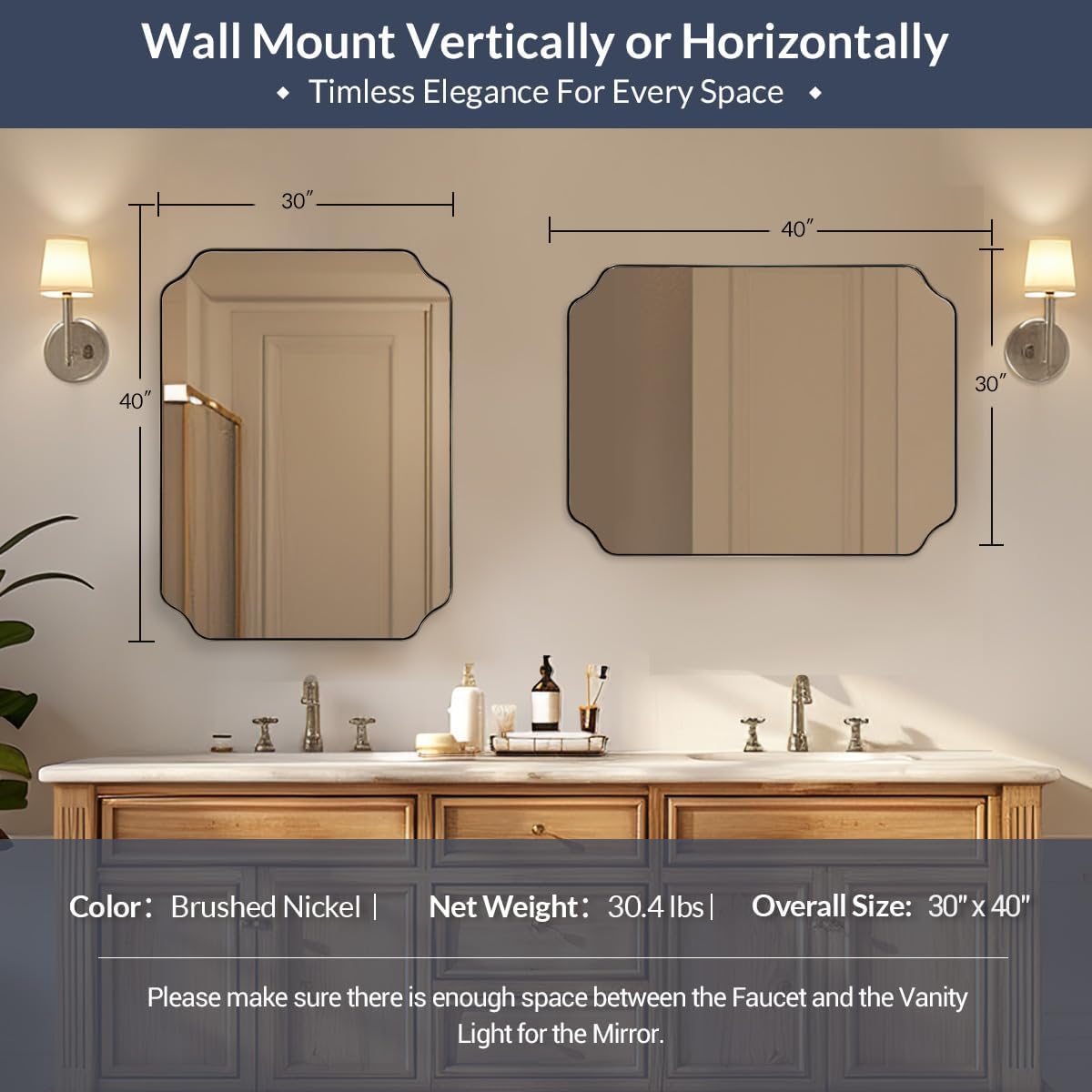 30x40 Inch Chrome Bathroom Mirrors, Scalloped Bathroom Vanity Mirrors for Wall, Notched Corner Rectangle Mirror in 1’’ Stainless Steel Metal Frame Home Remodel Wall Mount Vertical/Horizontal