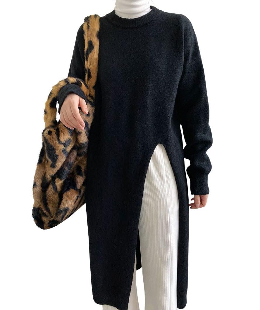 chouyatou Womens Sexy High Slit Long Sweaters Casual Crewneck Slouchy Tunic Sweater Pullover Knit Jumper Tops