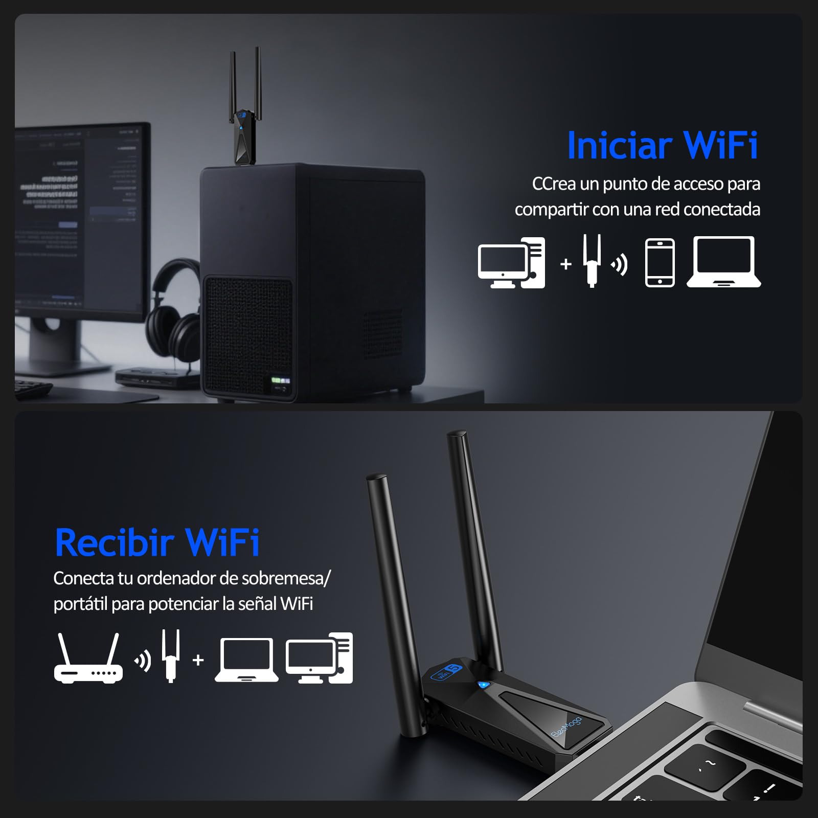 ElecMoga Adaptador WiFi USB 1300Mbps, 5dBi Antena WiFi, Receptor WiFi Dual Band 5GHz/2.4GHz, Compatible con Windows 7/8/10/11/Vista/XP/Mac/Linux, Compatible con Ordenadores Portatiles/Laptop/Tablet