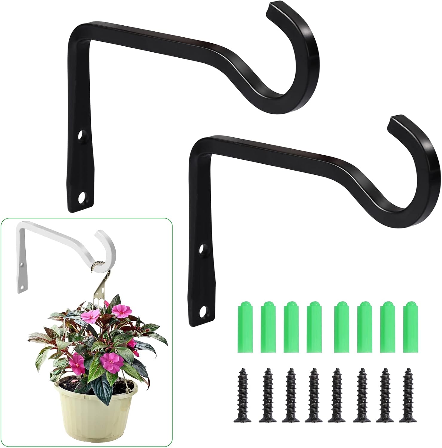 6 inch Plant Hanger, Wall Hooks for Hanging Bracket Lanterns Coats, Heavy-Duty Metal Hooks for Plant Hangers, Flower Basket, Lights and Artworks, Home Decor Indoor & Outdoor 2 Pack, Screws Included