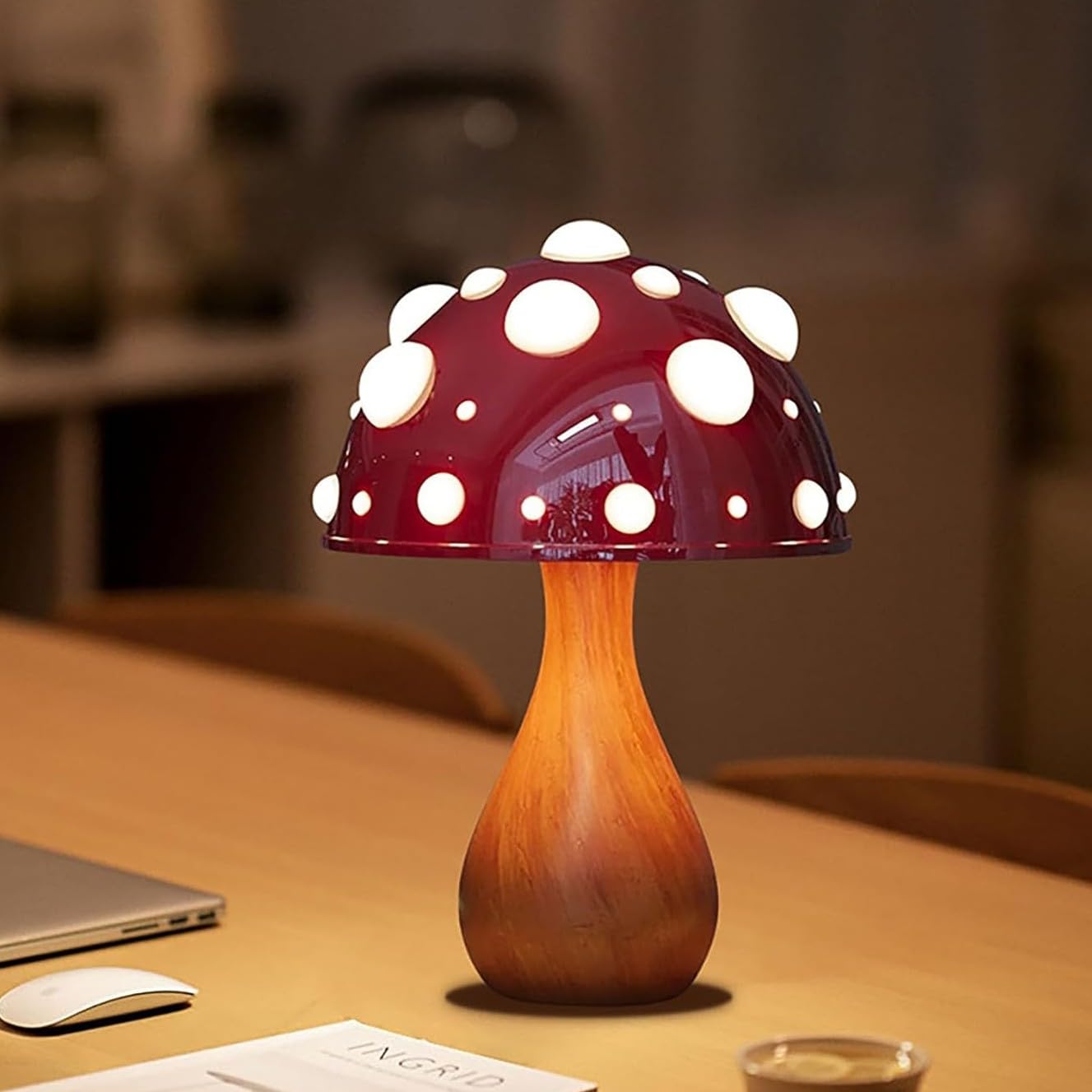 Pilz Nachttischlampe Dimmbar – Keramikbasis, 21 Cm Hoch, 3 Lichtfarben, Rosa
