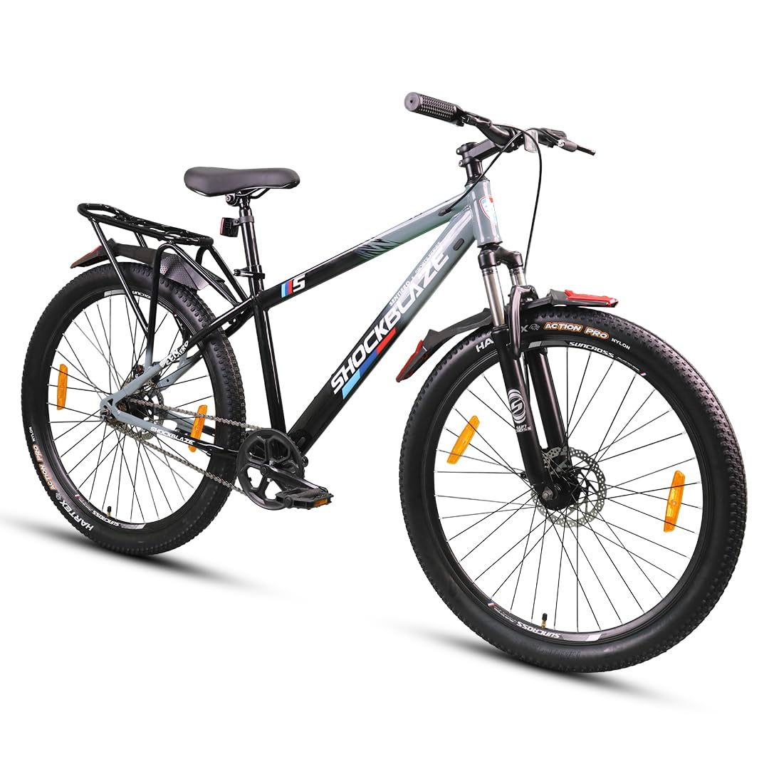 Suncross SHOCKBLAZE Sentiero 29 Inch Single Speed Mountain Bike | Hi-Ten Steel Frame | Suspension Fork | Mechanical Disc Brakes | Double Wall Alloy Rims | Dark Grey and Black | with Rear Carrier-image-28