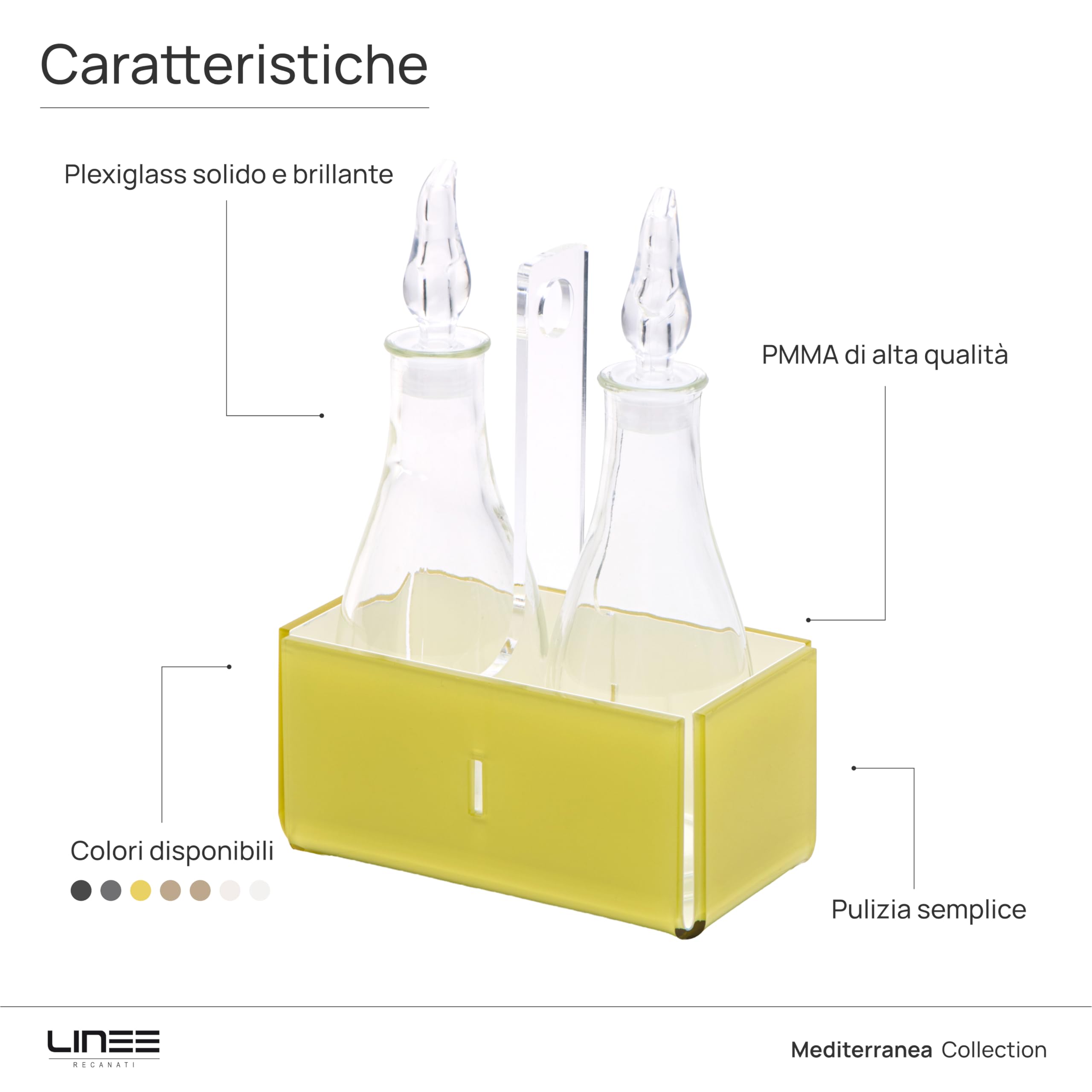 LINEE Recanati MEDITERRANEA Porta Olio e Aceto – Set Condimento in PMMA e Vetro 18x10x23 cm – Eleganza Contemporanea per la Tavola – Made in Italy (Giallo Trasparente/Bianco)
