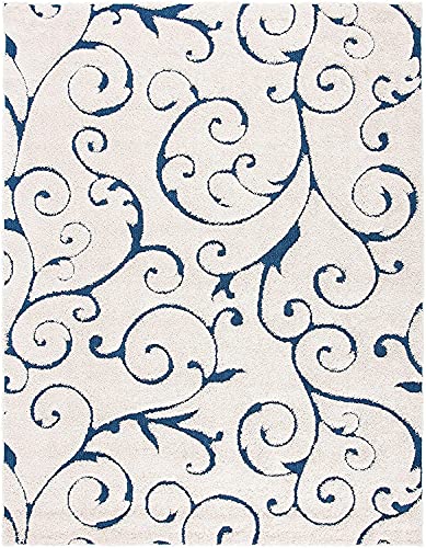 Image of Grand Swirl Premium Shaggy Rectangular Carpet For Living Room,Bedroom,High Low Design Finish Microfiber 1.8 Inch Pile High,5X7 Feet Cream|Blue Color