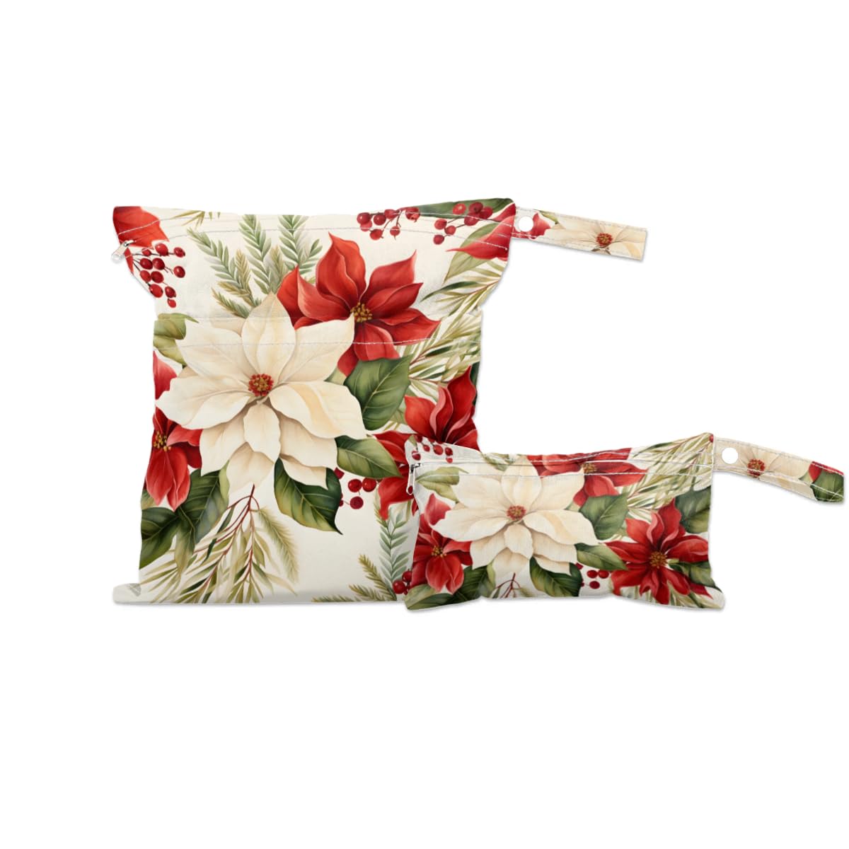 2pcs Cloth Diaper Wet Dry Bag with Two Zipper Pocket Waterproof Storage Bag Travel Laundry Bags, Beach, Pool, Breast Pump Parts, Gym Bag for Swimsuits & Wet Clothes for Baby (Xmas Poinsettia Holiday)