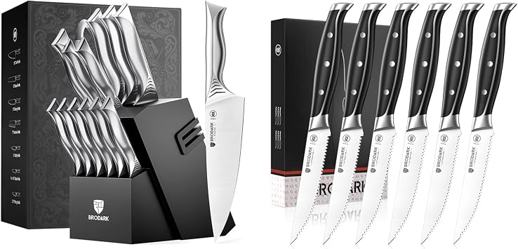 BRODARK Knife Set with Block & Steak Knives, 15-Piece Kitchen Knife Set with Built-in Sharpener, Steak Knives Set of 6
