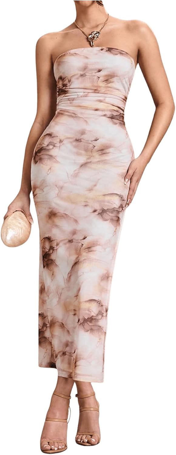 Milumia Women's Summer Strapeless Tube Top Dresses Side Slit Ruched Bodycon Maxi Dress Vacation