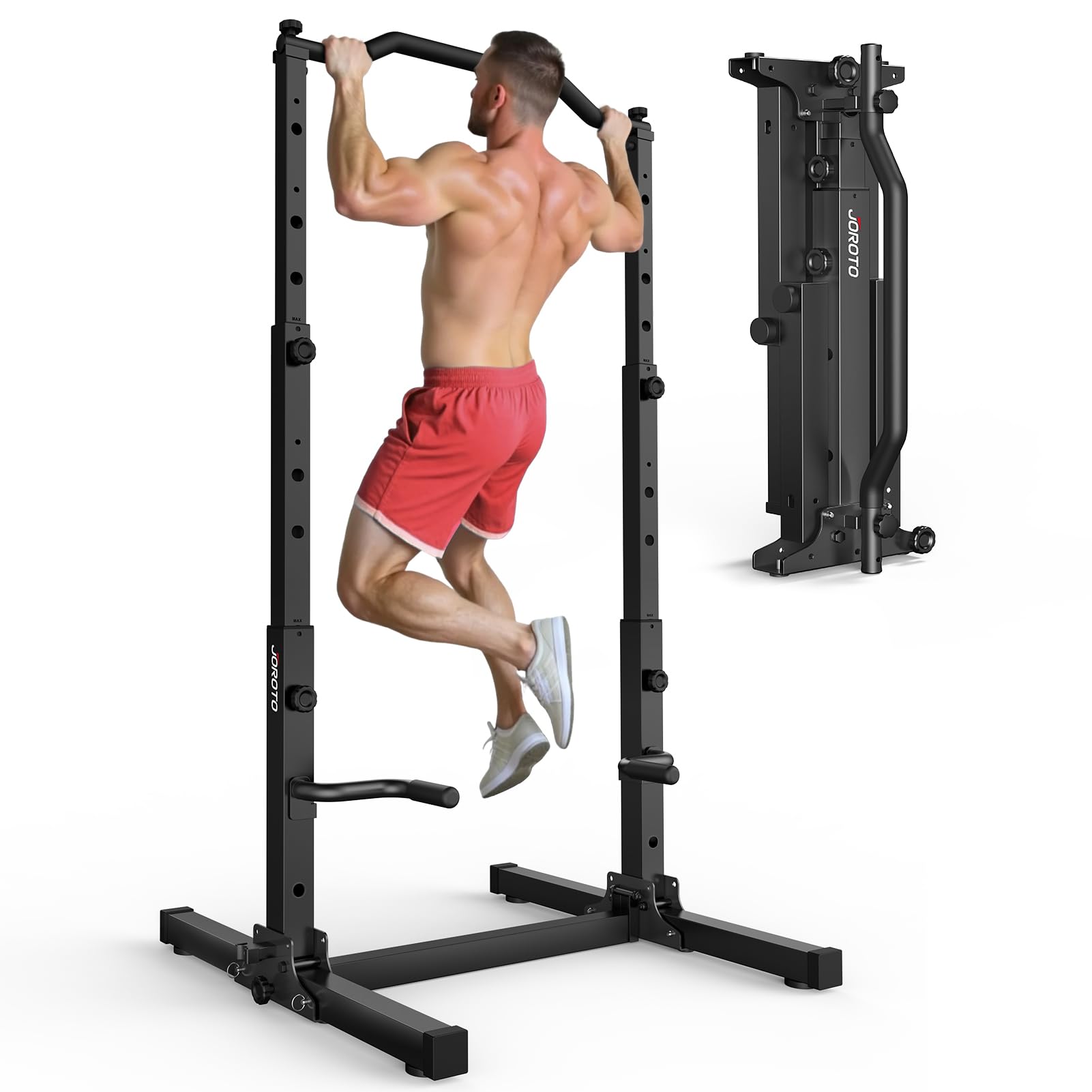 JOROTO Pieghevole Power Tower Dip Station, Regolabile in Altezza, Sbarra per Trazioni Autoportante, 5 in 1 Stazione di Allenamento per Palestra Domestica Multifunzione, Capacità di 172KG