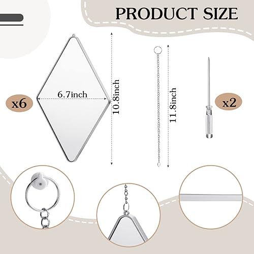 Miniatura 3 de Juego de 6 espejos de decoración de pared con 2 destornilladores, espejo de pared colgante de diamante con cadena y marco plateado, espejo de cadena