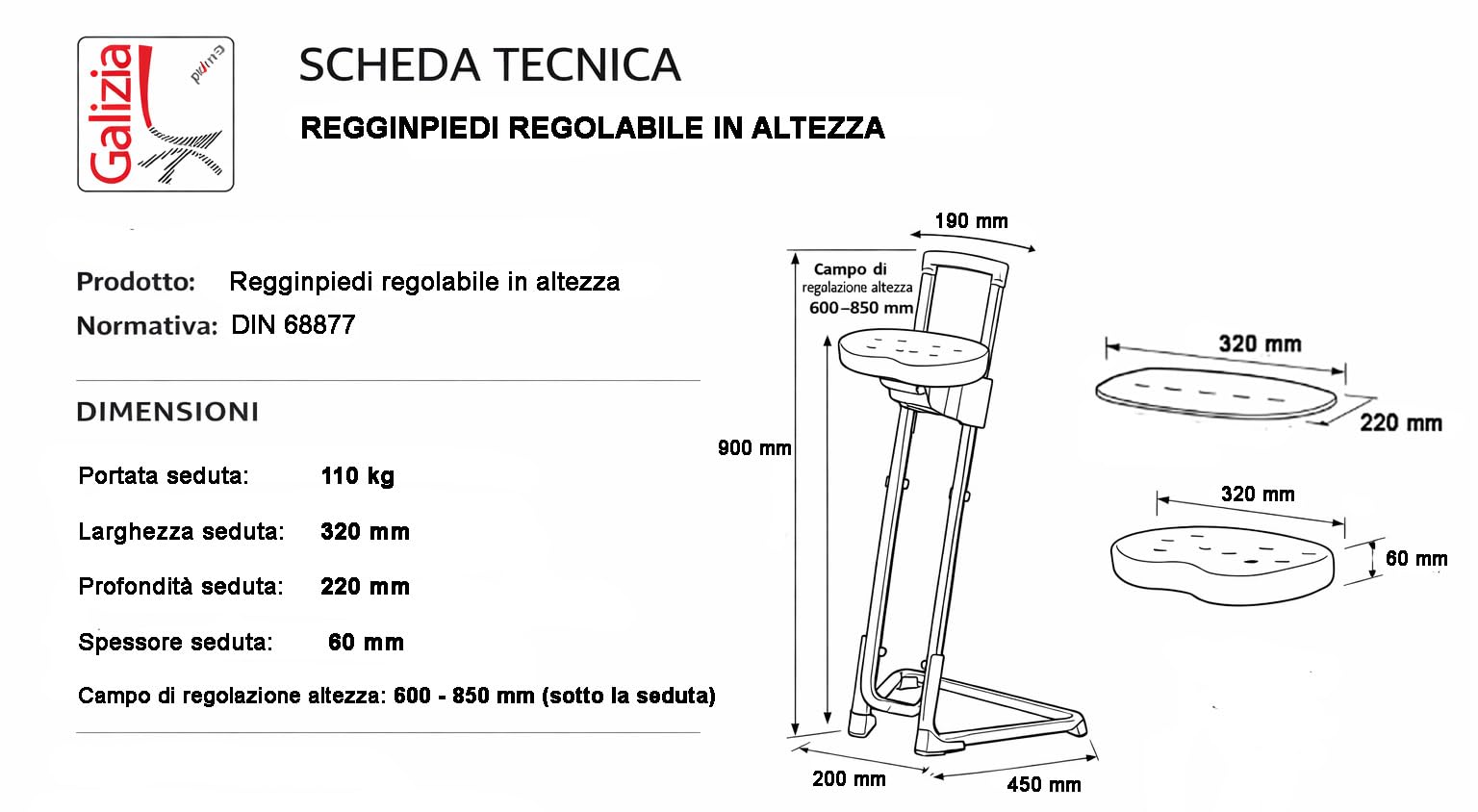 GALIZIA PRIME - Regginpiedi Sgabello Regolabile in Altezza Senza Ruote, Sgabello da Lavoro con Comodo Sedile in Poliuretano Spessore 6cm, Sgabelli per Professionisti
