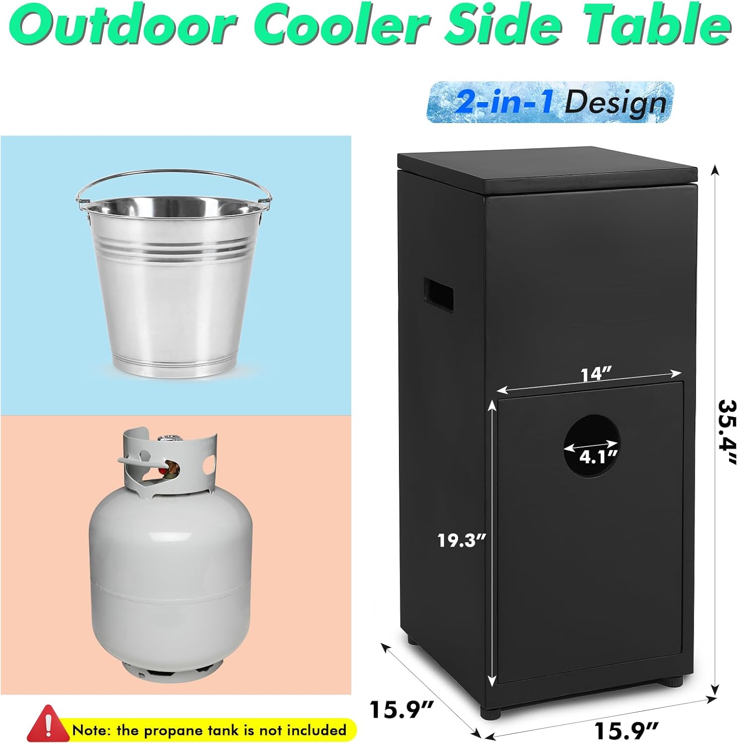 Propane Tank Cover Table with Ice Bucket,Outdoor Storage Box with Handles for Propane Fire Pit, 35.5 Inch 3-in-1 Modern Hideaway Concrete Side Table for Outside Patio or Deck- Black&Square