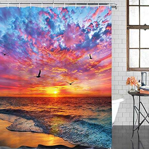 Alishomtll Beach Shower Curtain Seagull Seaside Shower Curtain With 12 Hooks, Sunset Ocean Waves Shower Curtain Blue Sky Coastal Sun Rays Shower Curtain For Bathroom #TOP2