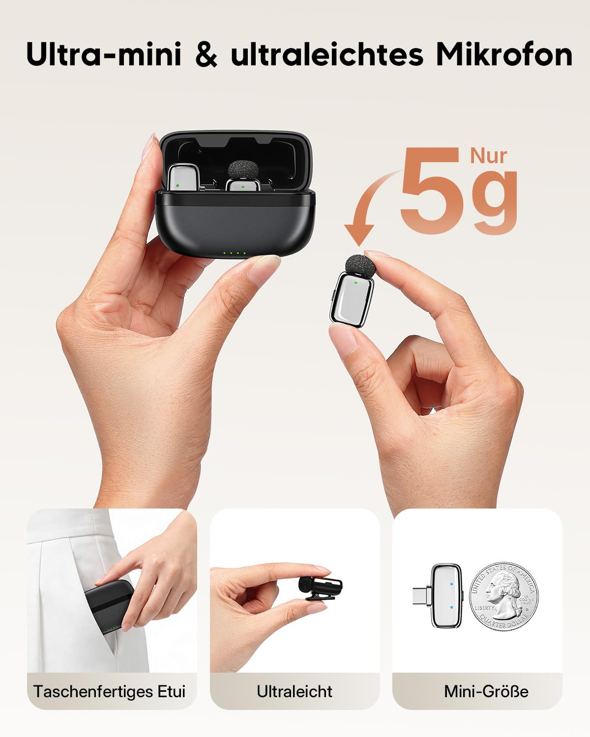 Haomuren Mini Lavalier Mikrofon kabellos für Handy, iPhone, iPad & Android, 2-Kanal Ansteckmikrofone mit USB-C & Lightning, Geräuschreduzierung, Mute, 33h Ladecase, Plug & Play für Vlog & Podcast