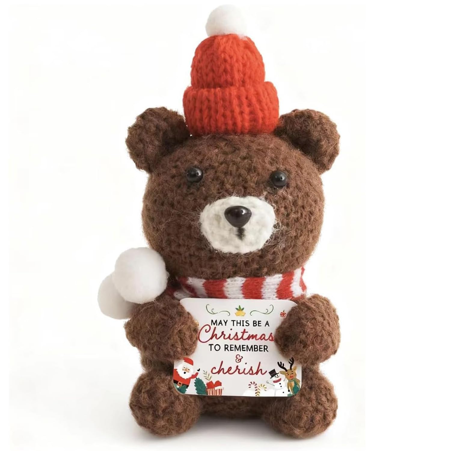 TASBER Christmas Crochet Doll, Emotional Crochet Knitted Doll, Funny Emotional Support Croch-et Snowman with Posit-ive Messages Gifts for Xmas Party Decor (Bear)