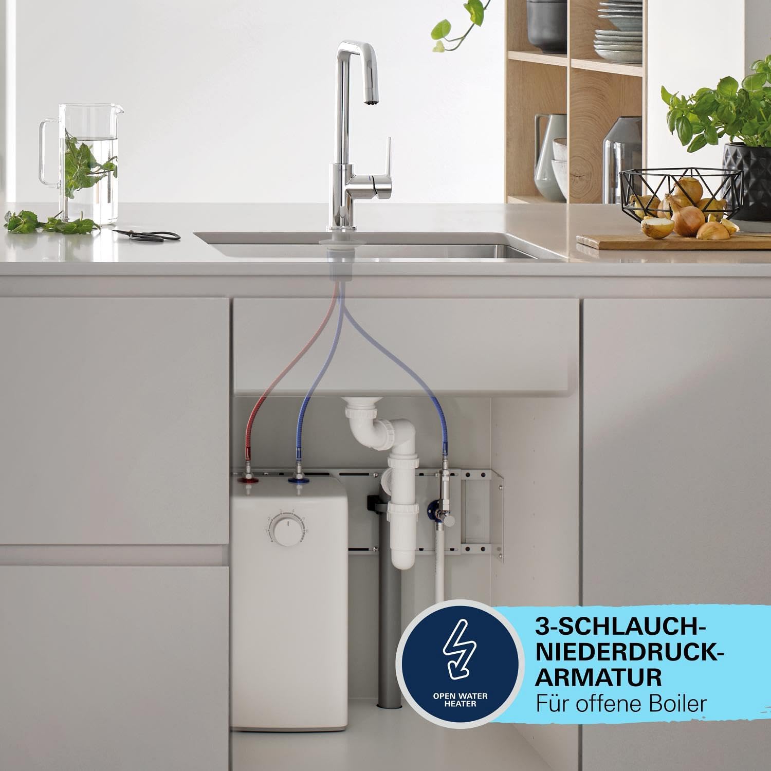 GROHE Start, Niederdruck Küchenarmatur 2 Strahlarten (Wasserhahn Küche für offene Warmwasserbereiter, herausziehbare Brause, 90° schwenkbar, wassersparend, werkzeugfreie Montage), chrom, 1012400000