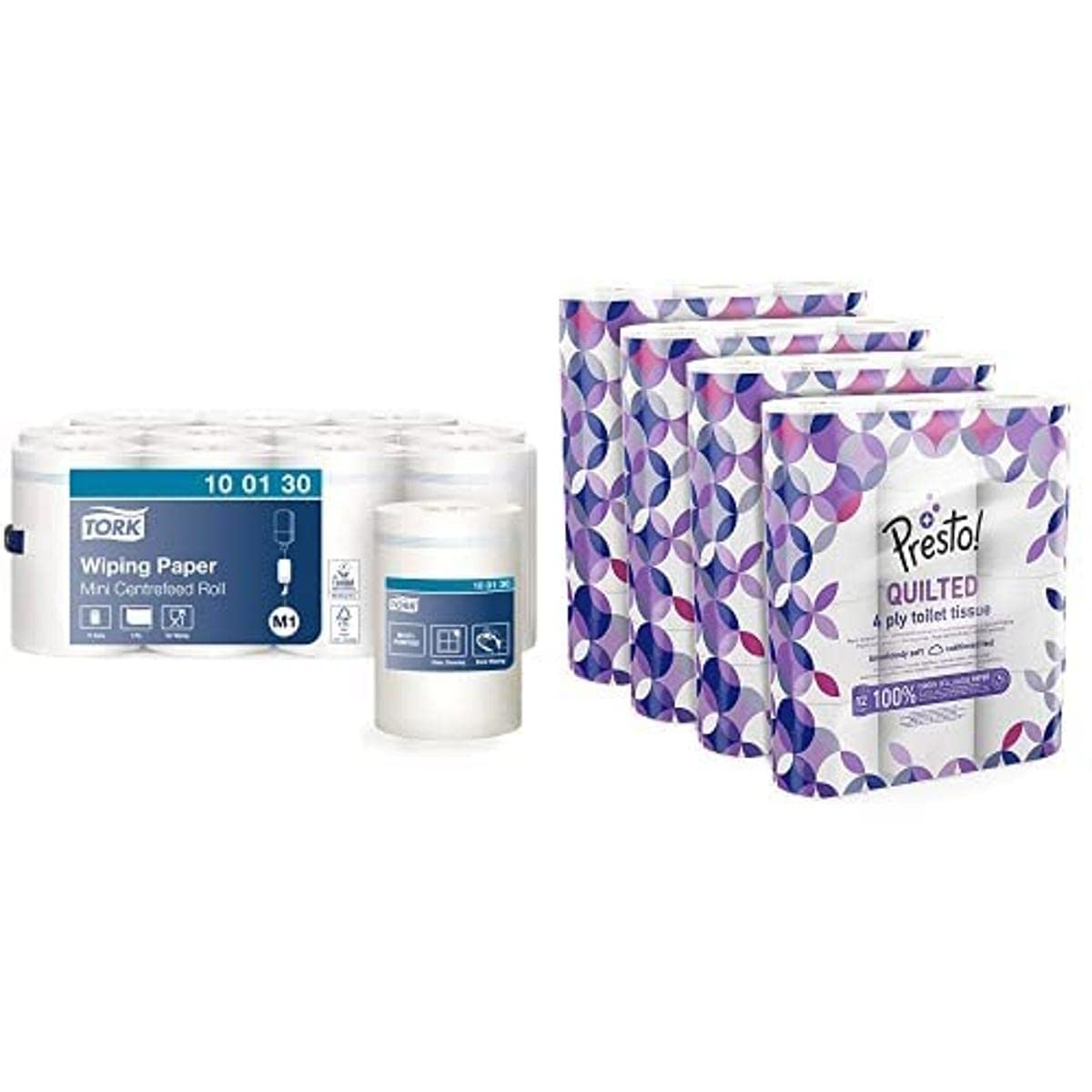 Tork 100130 Papier d'essuyage Advanced - Blanc - 1 pli - lot de 11 rouleaux - 11 x 120 m & Marque Amazon - Presto! Papier toilette 4 épaisseurs MATELASSÉ, Lot de 48 (4x12x160 feuilles), Motif: Gemme