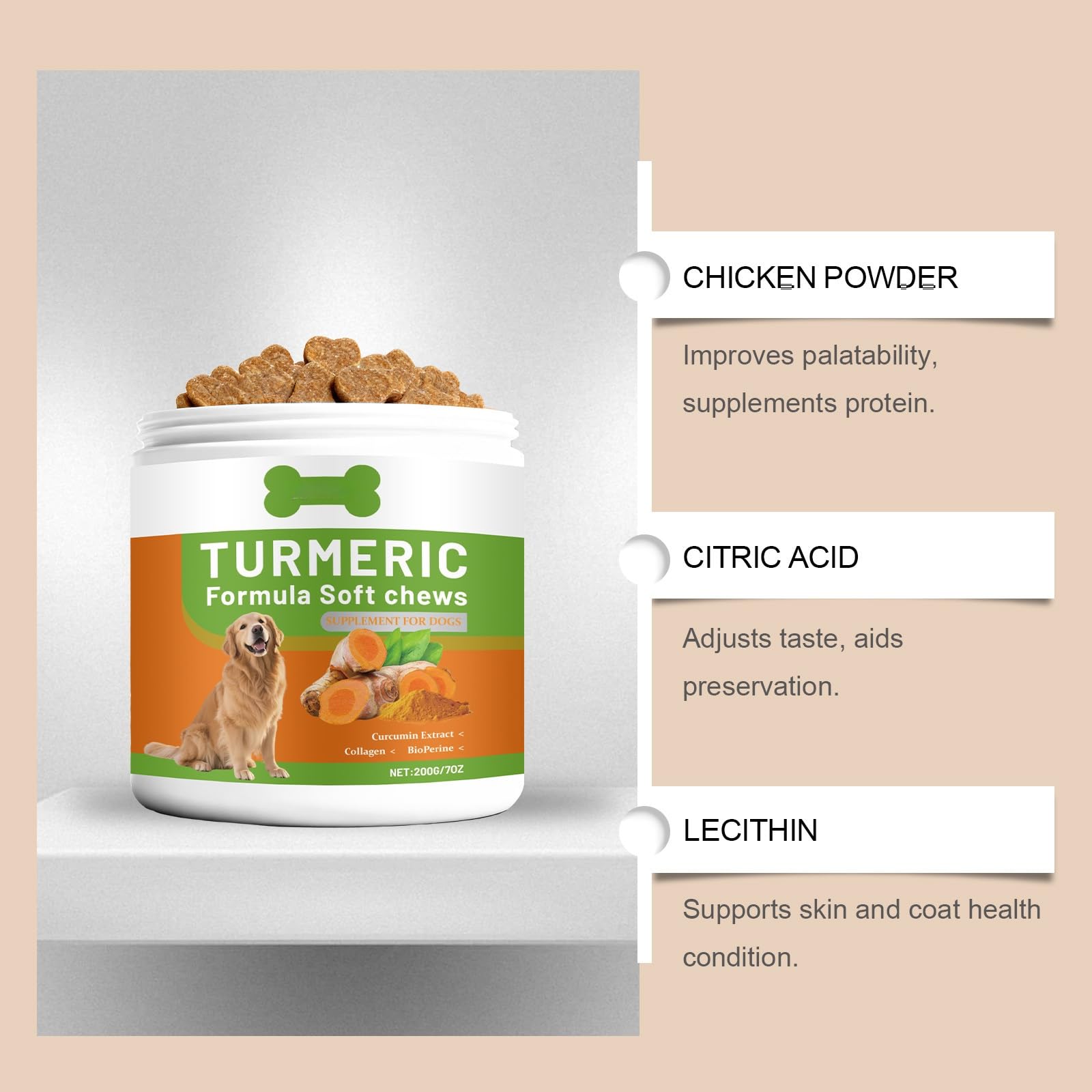 Curcumina per Cani,200g Integratore Alimentare per Cani a Base di Curcuma e Piperina,Supporto per Articolazioni e Mobilità