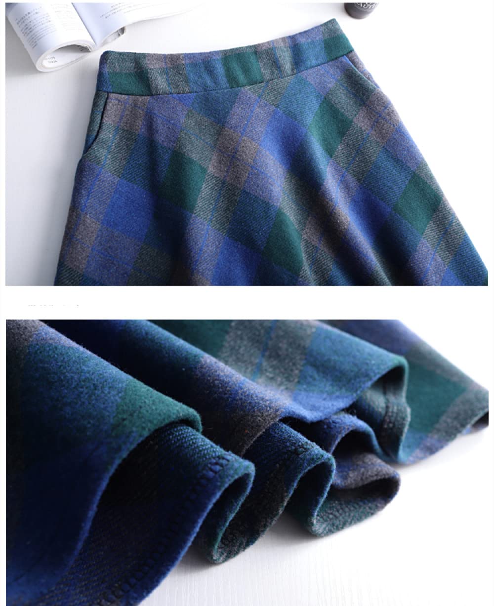 Gonne Invernali Donna, Maxi Gonne per Donna Elastico in Vita Vintage Blu Reticolo Spesso Inverno Tartan Gonna Calda Increspato Gonna A-Line A Vita Alta Grandi Gonne A Pendolo