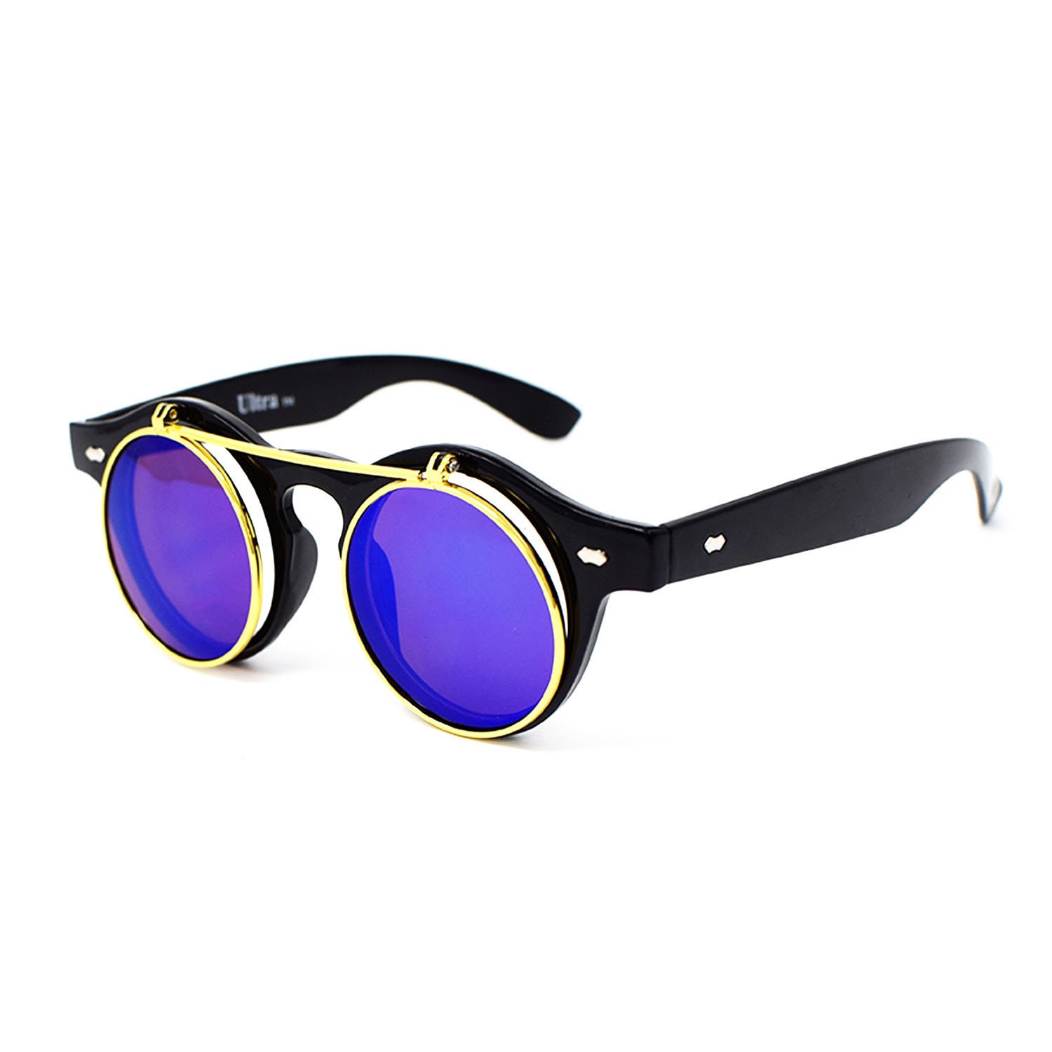 UltraByEasyPeasyStore Ultra Small Round Steampunk Flip Up Sunglasses - UV400 Protection, Unisex Retro Design with Polycarbonate Lenses for Men & Women - Black with Blue Lenses